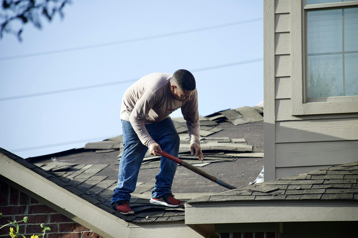 Old shingles being removed beside a roof-to-wall intersection